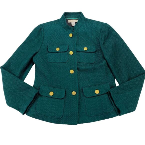 Chicos Tweed Jacket Women's Size 0 Green Long Sleeve Lined Gold Button Front - Picture 12 of 16